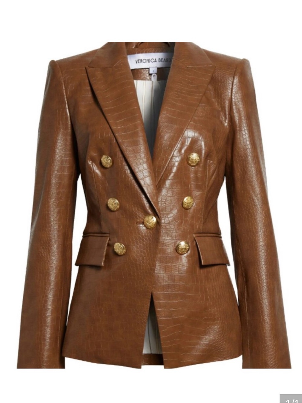Veronica Beard Brown Croc-Embossed Double-Breasted Blazer with Gold Buttons